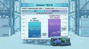 Infographic comparing OEM toner reseller margin of 8 percent versus quality compatible margin of 50 percent on 500 units of HP 85A per month