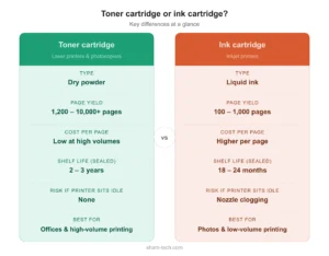 laser toner vs liquid ink cartridge durability comparison infographic